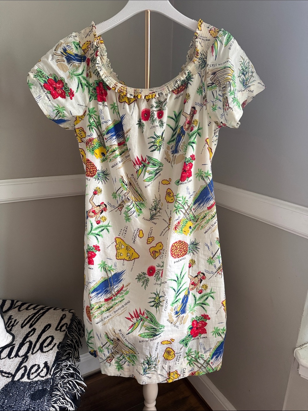 J. Crew White Tropical Print Dress with Red, Green, Blue, Yellow Accents